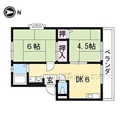 リバーサイド松室Ａ棟 2階2DKの間取り