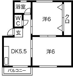 シャルマン松坂 2階2DKの間取り