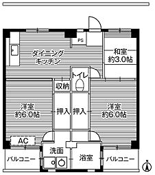 ビレッジハウス寺尾1号棟 3DKの間取図画像