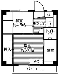 ビレッジハウス富士吉田1号棟 2Kの間取図画像