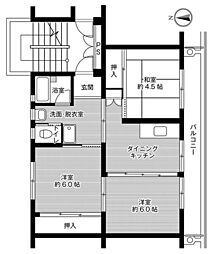 ビレッジハウス常磐1号棟 3DKの間取図画像