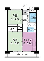 ビレッジハウス南清水タワー西棟 2DKの間取図画像