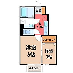JR東北本線 野木駅 4.1kmの賃貸アパート 1階2Kの間取り