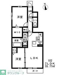 西武新宿線 東伏見駅 徒歩16分の賃貸アパート 1階2LDKの間取り