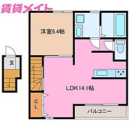 クオーレ白須賀 2階1LDKの間取り