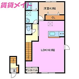 ベレッツァ四日市伊坂台 2階1LDKの間取り