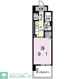 エクレセンス新富 2階1Kの間取り