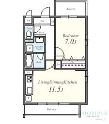 インペリアル弦巻 1LDKの間取図画像