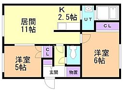 プランドゥール麻生 2LDKの間取図画像