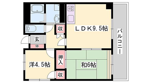 グリーンコスモ田井 ｜兵庫県姫路市網干区田井(賃貸マンション2LDK・2階・52.07㎡)の写真 その2