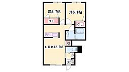 セントリビエ下滝野B棟 2LDKの間取図画像