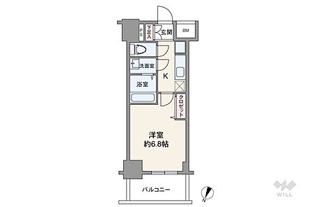間取りは専有面積22.8平米の1K。バルコニー面積は3.99平米です。