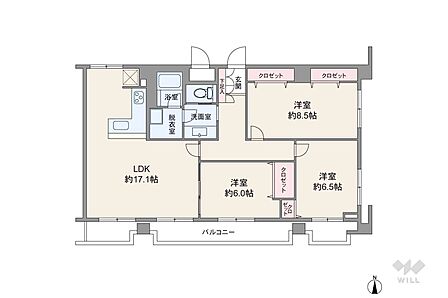 間取りは専有面積88.90平米の3LDK。居室3部屋がバルコニーに面した開放的なプラン。バルコニー面積は12.70平米です。LDK17帖大・全個室6帖以上のゆとりある造り。