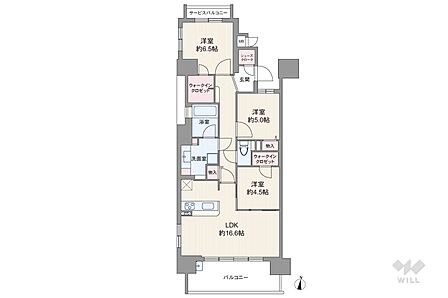 間取りは専有面積80.13平米の3LDK。LDK約16.6帖の横長リビングのプラン。バルコニー面積は13.61平米です。