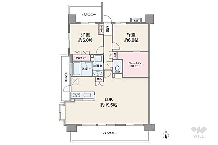 間取りは専有面積78.32平米の2LDK。LDK約20帖の横長リビングのプラン。複数方向に採光部があり、バルコニー面積は22.68平米です。