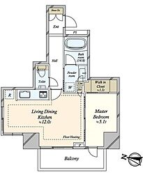 パークタワー上野池之端 7階1LDKの間取り