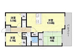 浅香山グリーンマンション 3LDKの間取図画像