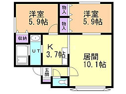 ルミエール美園B 2LDKの間取図画像