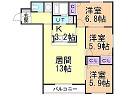 グランメール平和通6A 3LDKの間取図画像