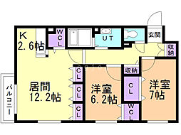 リスペクト白石中央 2LDKの間取図画像