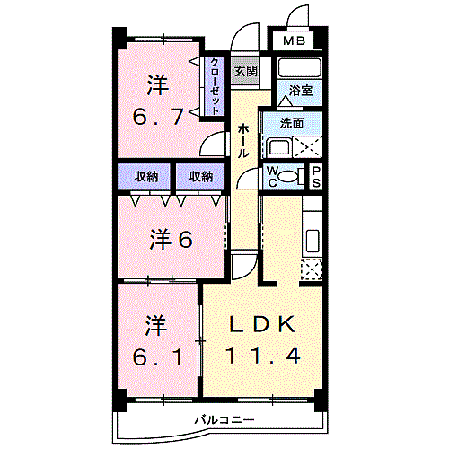 グラース　アンジュI 205｜和歌山県海南市大野中(賃貸マンション3LDK・2階・67.28㎡)の写真 その2