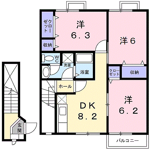 エスポワールI 203｜和歌山県御坊市湯川町小松原(賃貸アパート3DK・2階・65.07㎡)の写真 その2