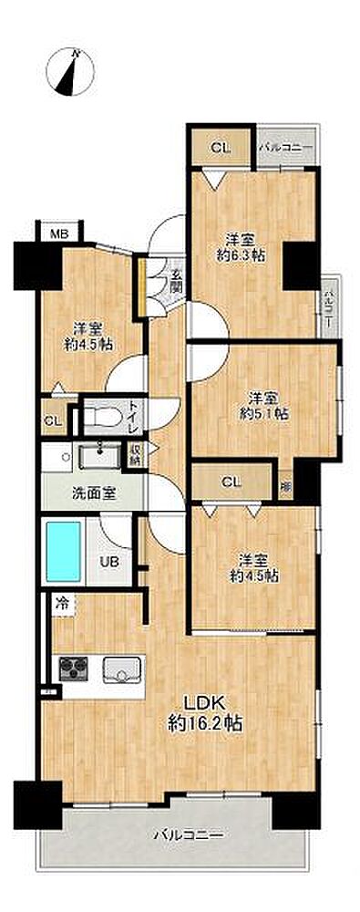 LDK16.2帖!南面バルコニー!個室4部屋あり家族が多くても安心の間取りです♪