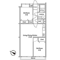 小田急小田原線 千歳船橋駅 徒歩6分の賃貸マンション 1階2LDKの間取り
