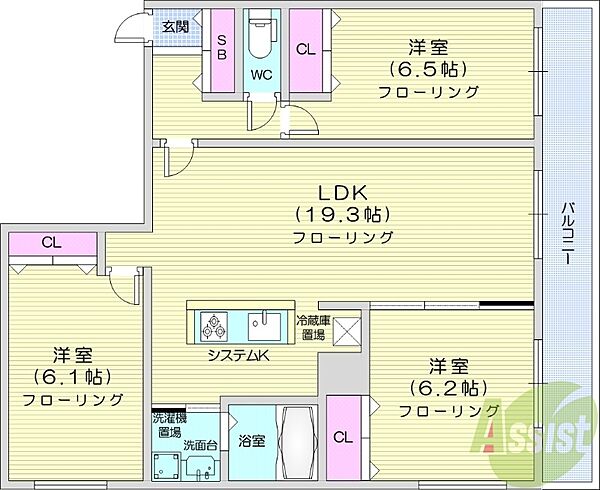 BRAMA南11条 ｜北海道札幌市中央区南十一条西17丁目(賃貸マンション3LDK・2階・80.46㎡)の写真 その2