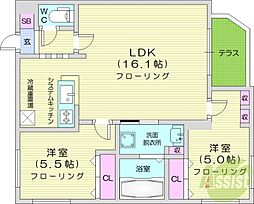 札幌市営南北線 北24条駅 徒歩12分の賃貸マンション 1階2LDKの間取り