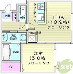 札幌市営東豊線 元町駅 徒歩12分の賃貸マンション 2階1LDKの間取り