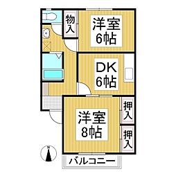 オリックスハイツあらい 2階2DKの間取り