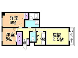 KDマンション-1 2LDKの間取図画像