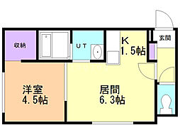 ミュゲ中の島 1DKの間取図画像