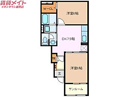 ヴィラージュ　リジエールＢ 1階2DKの間取り