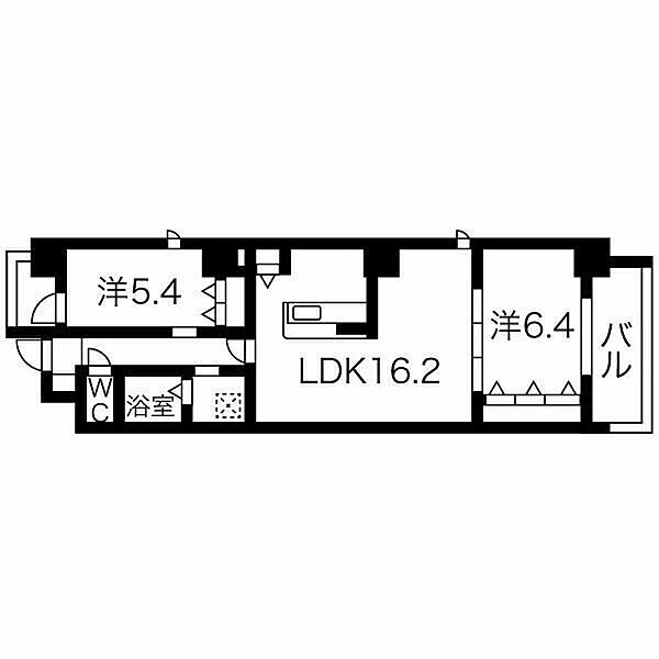 画像2:2LDK（LDK16.20畳，洋室6.40畳，洋室5.40畳）