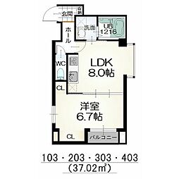 名古屋市営名港線 六番町駅 徒歩2分の賃貸マンション 2階1LDKの間取り