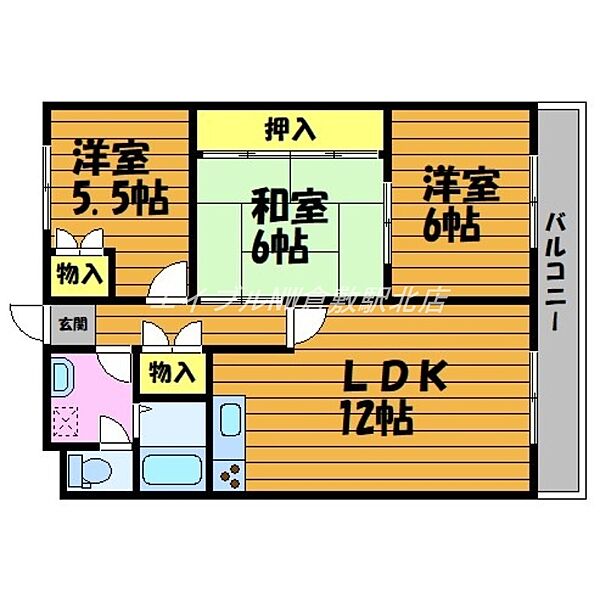 岡山県倉敷市白楽町(賃貸マンション3LDK・4階・64.30㎡)の写真 その2