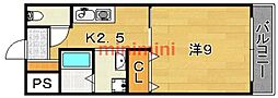 ヴィラほった2 1Kの間取図画像