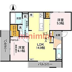 D-residence高槻市下田部A 2LDKの間取図画像