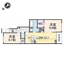 JR草津線 寺庄駅 徒歩8分の賃貸アパート 1階2LDKの間取り