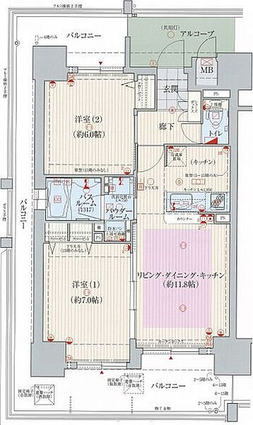 エステムプラザ神戸西Vミラージュ 201｜兵庫県神戸市兵庫区西宮内町(賃貸マンション2LDK・2階・53.76㎡)の写真 その2