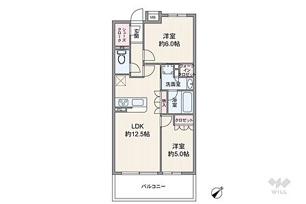 間取りは専有面積53.72平米の2LDK。LDK約12.5帖の縦長リビングのプラン。バルコニー面積は9.81平米です。