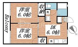 スカイブル梅台 2階2DKの間取り