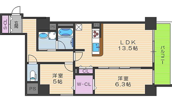 ル・マージュ新町 ｜大阪府大阪市西区新町1丁目(賃貸マンション2LDK・5階・65.20㎡)の写真 その2