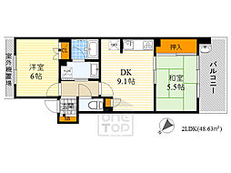 ジオ千里中央フォレストカーサH棟 2DKの間取図画像