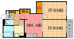 ウーノ 1階2DKの間取り