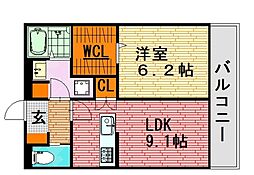 クーアヴァン 2階1LDKの間取り