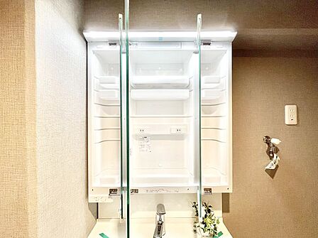 三面鏡の裏に、化粧品や衛生用品などを収納可能。洗面台をすっきりと保ちます!