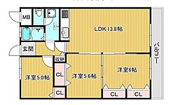 大和サニーハイツ高槻2棟 3LDKの間取図画像